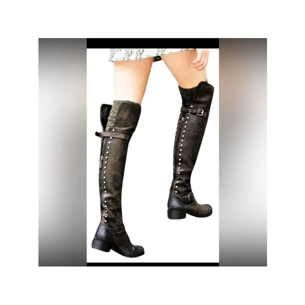 TORY BURCH Tarulli Boots Studded Riding Brown Distressed Over Knee Women’s 10M